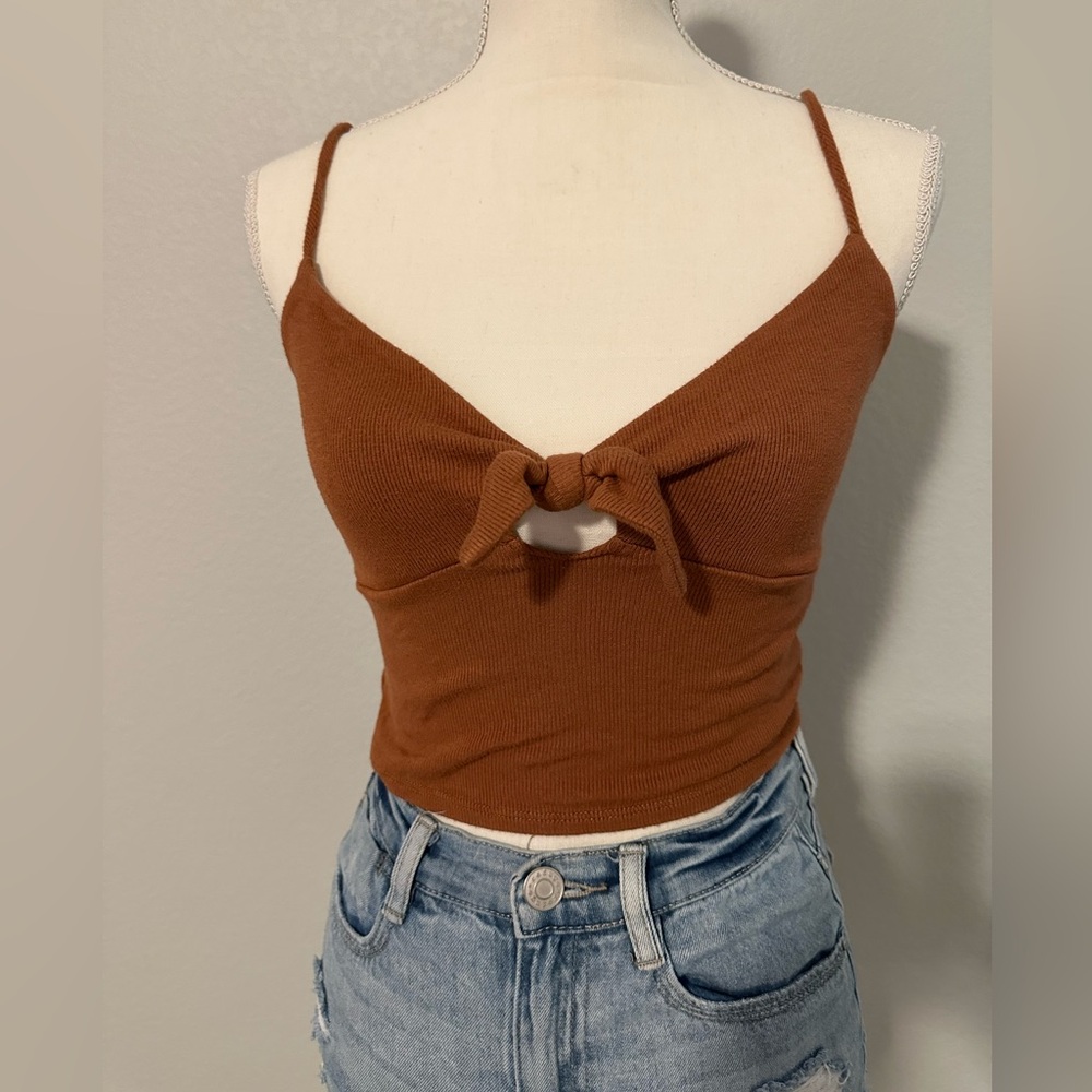 Auburn Brown Spaghetti Strap Tie Front Crop Top
